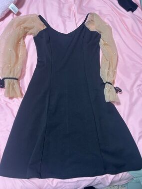 Ailun Black A-Line Dress with Sheer Beige Pearl-Embellished Sleeves